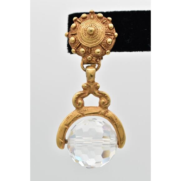 DKNY Vintage Crystal Ball Clip Earrings Antiqued Brushed Gold Signed 1980s BinW - Picture 6 of 12